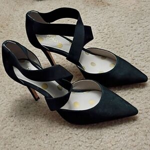 Boden Arabella Criss Cross Black Suede Stiletto Pumps Asymmetrical Leather 37.5